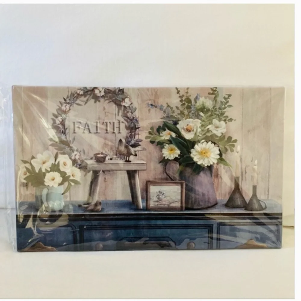 NWT. Faith Farm House Canvas Wall Art in Blue and Cream!